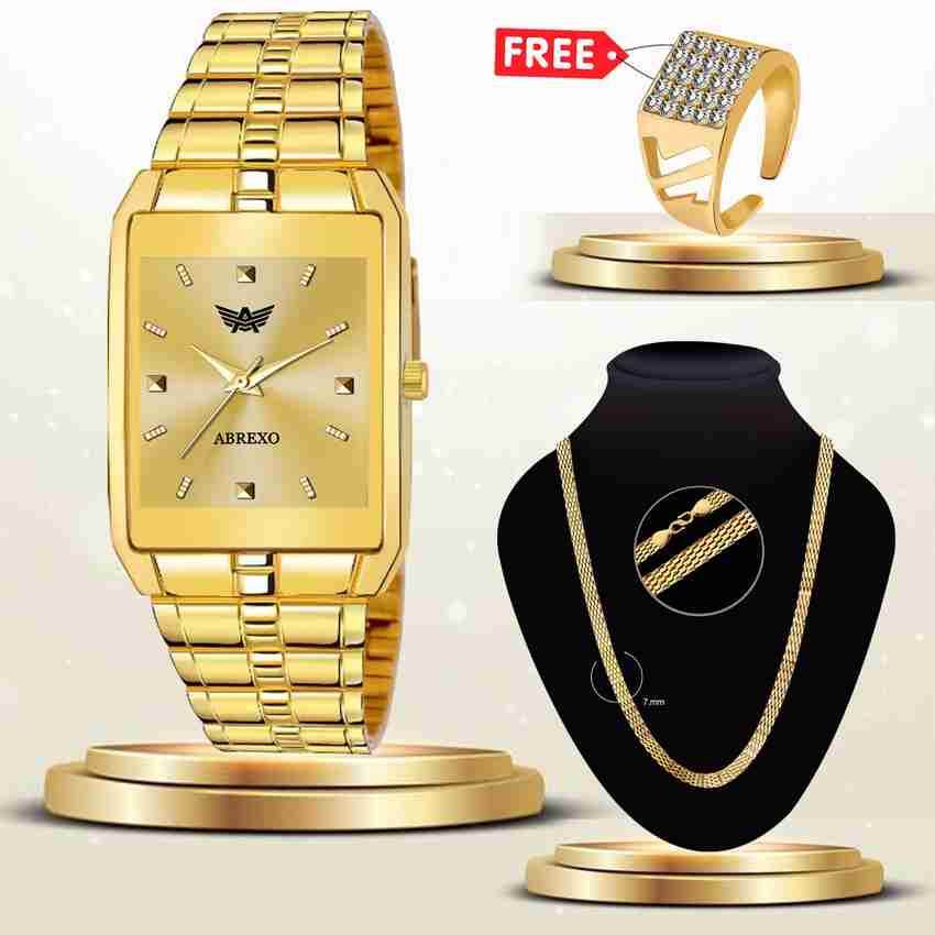 ABREXO Men s Rectangle Golden Watch Designer Chain Ring Gold Special Combo For Boys Analog Watch For Men Buy ABREXO Men s Rectangle Golden Watch Designer Chain Ring Gold Special