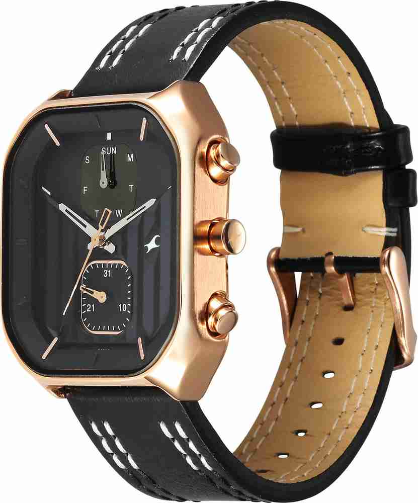 Fastrack Fleek Quartz Multifunction Black Dial Leather Strap 