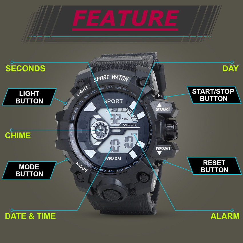LAMBOO 1384 BK Water Shock Resistance Alarm Digital Watch Digital Watch For Men