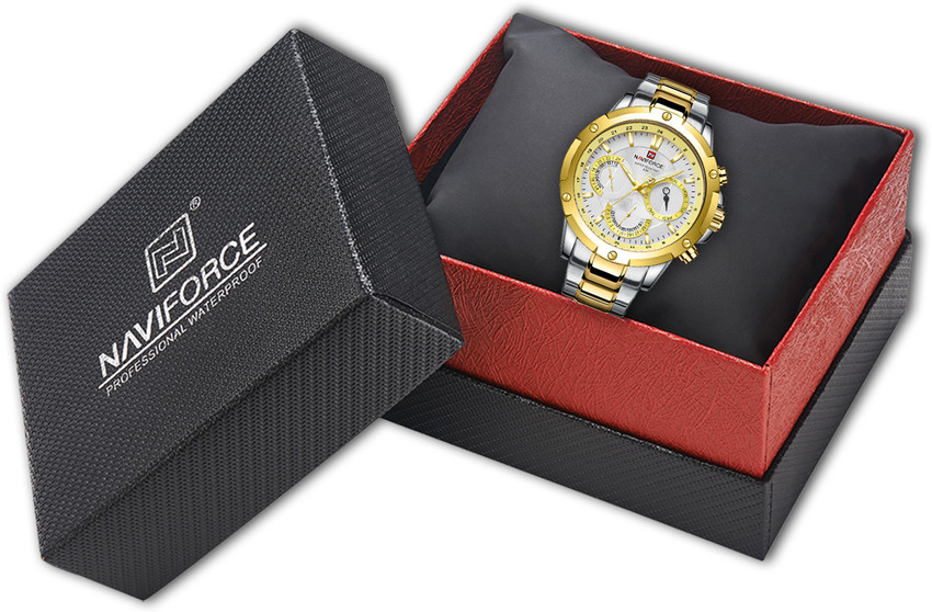NAVIFORCE 9196 Gold and silver steel strap with working chronograph new style for daily life Analog Watch For Men Buy NAVIFORCE 9196 Gold and silver steel strap with working chronograph