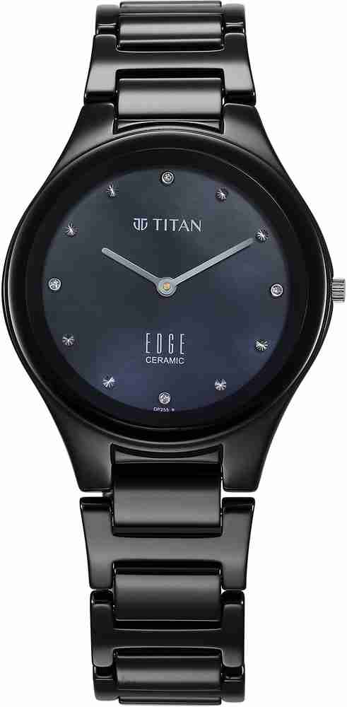 Titan Edge Ceramic Quartz in Glossy Black with Diamonds and Rich Mother of Pearl Dial Analog Watch For Women Buy Titan Edge Ceramic Quartz in Glossy Black with Diamonds and