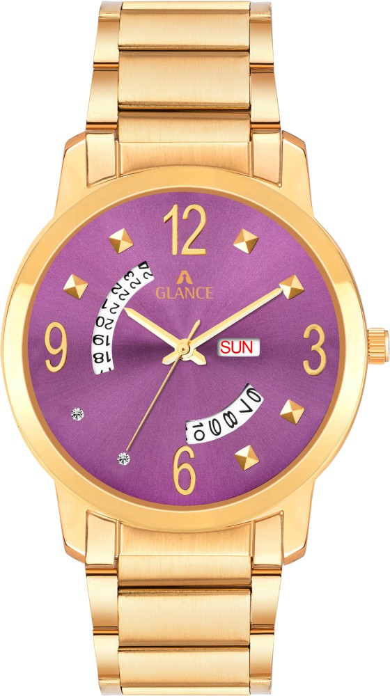 Aglance ASTRO 1584 TETAN PURPLE DIAL DAY DATE FUNCTIONING GOLD