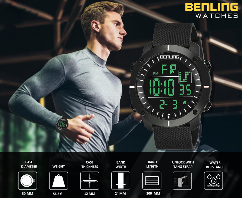 Benling BL 1001 Digital Watch with Silicone Strap Large Big Sized Dial EL Light Multifunctional Sports Formal Casual Watch Black Dial Black Strap Digital Watch For Men Buy Benling