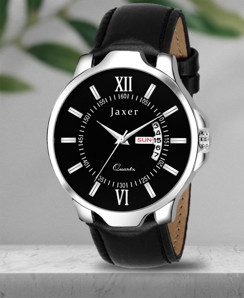 Jaxer Black Day Date Feature Dial Leather Strap Analog Watch