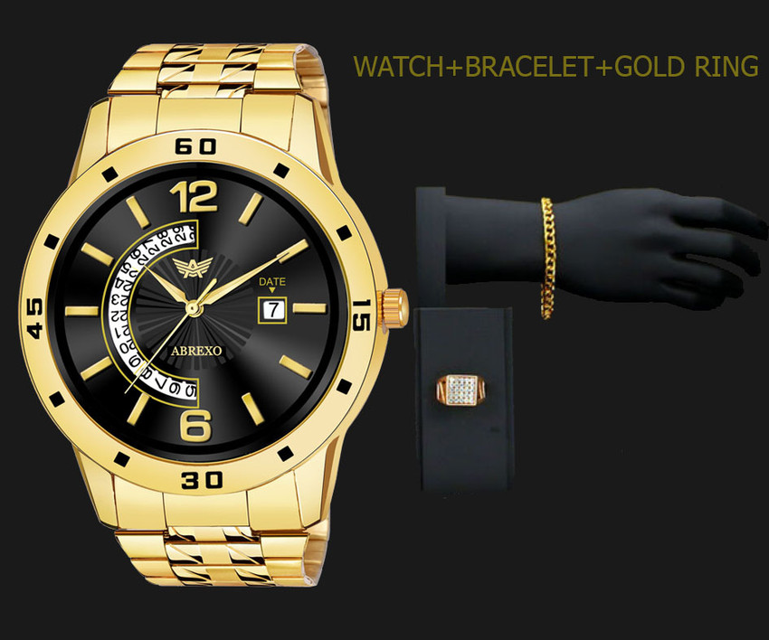 ABREXO Black Gold Date Functional Wrist watch with Men s Accessory