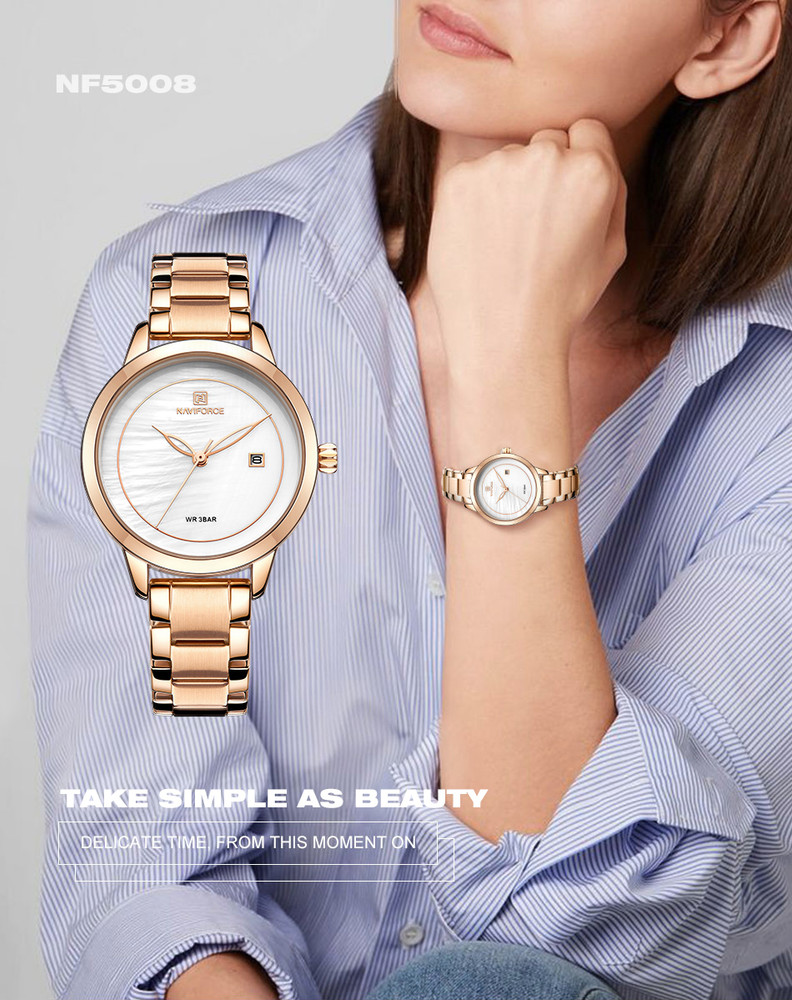 NAVIFORCE Rose Gold Quartz Stainless Steel Mesh Strap Elegant