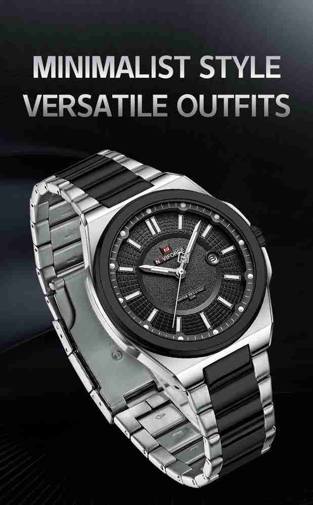 NAVIFORCE Silver and Black Sports Date Clock with Luminous Hands