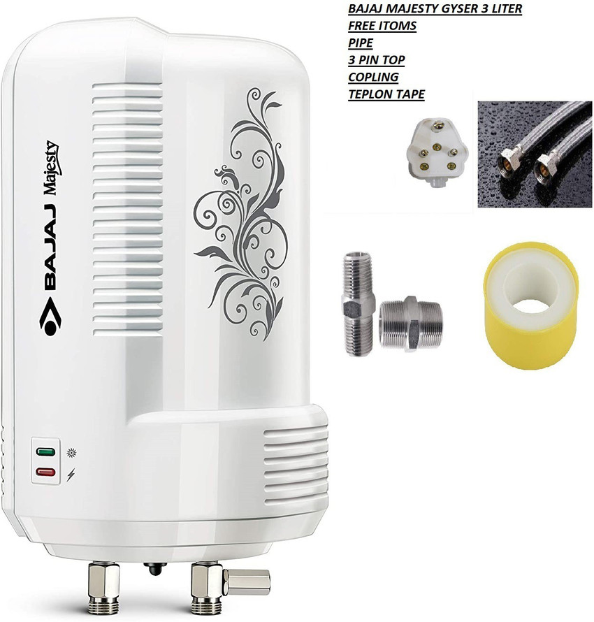BAJAJ 3 L Instant Water Geyser (MAJESTY 3 LITER 3KW WITH PIPE AND ALL  REQUIRED ACCESORIES, White) Price in India - Buy BAJAJ 3 L Instant Water  Geyser (MAJESTY 3 LITER 3KW