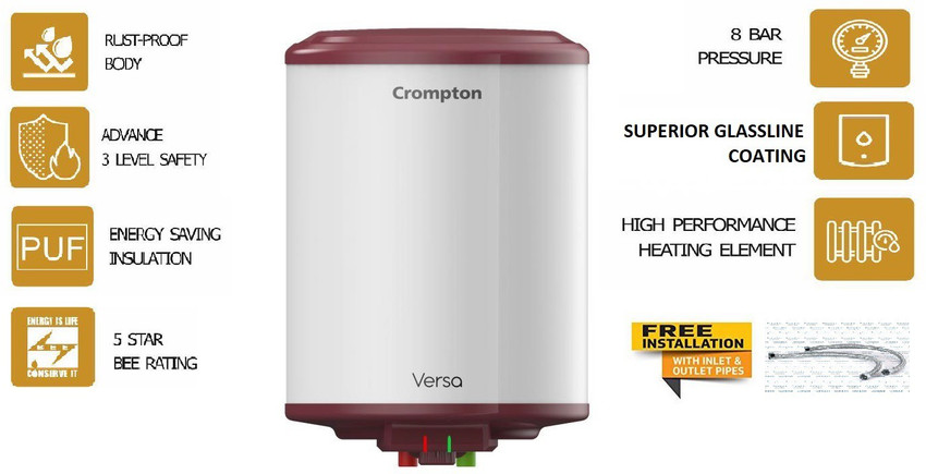 Crompton 25 L Storage Water Geyser (Versa 25 L With Superior Glasslined  Technology, White, Maroon) Price in India - Buy Crompton 25 L Storage Water  Geyser (Versa 25 L With Superior Glasslined