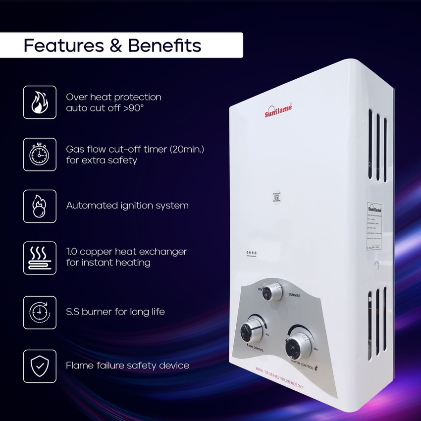 Sunflame 6 L Gas Water Geyser (LPG Water Geyser SF-5006 - O.H. Protect -  Auto Gas Cut-off - Auto Ignition-White, White) Price in India - Buy Sunflame  6 L Gas Water Geyser (