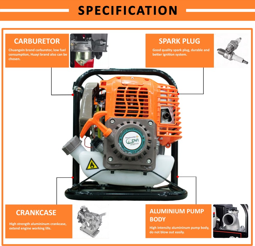 DVI 3 HP 97CC PORTABLE 1.5INCH WATER PUMP 4 STROKE ADVANCED TECHNOLOGY PETROL  ENGINE USED FOR AGRICULTURE, HOME, COMMERCIAL, HIGH RISE BUILDINGS, PROCESS  INDUSTRIES, GARDENS AND HOTELS, FISHING FARMING ETC Centrifugal Water