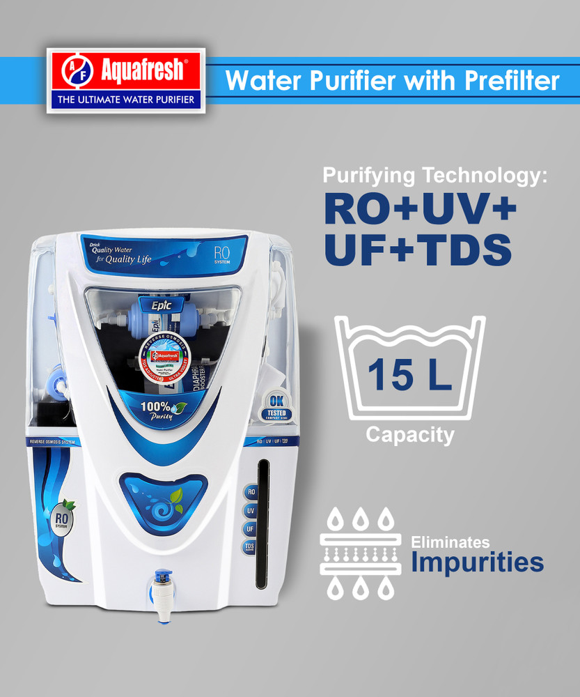 Aqua Fresh EPICAQUA+RO+UV+UF+TDSADJUSTER 15 L RO + UV + UF + ATDS Water  Purifier with Prefilter - Aqua Fresh 