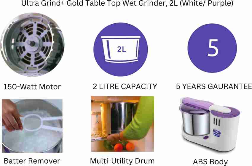 Elgi Ultra Grind+ Gold Table Top Wet Grinder, 2L (White/ Purple