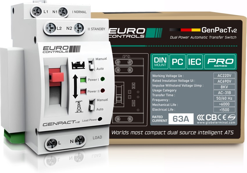 Euro Controls GenPact-v2 ATS 2 POLE 63A Heavy Duty Auto Transfer Switch  Dual Source - Motorized switching - Screw Wire Connector Price in India -  Buy Euro Controls GenPact-v2 ATS 2 POLE