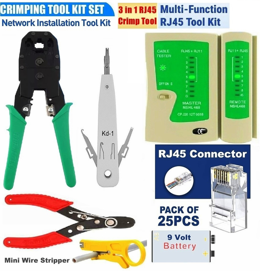 BALRAMA Combo Crimping Tool Network LAN Cable Tester RJ 45 Connectors Cable Plug Heads RJ45 RJ11 Cable Crimping Tool Kit Network LAN CCTV Camera Computer Wire Stripper Manual Crimper Price