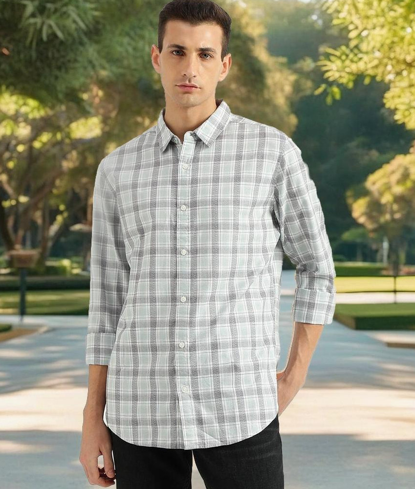 United Colors of Benetton Men Checkered Casual Grey White Shirt