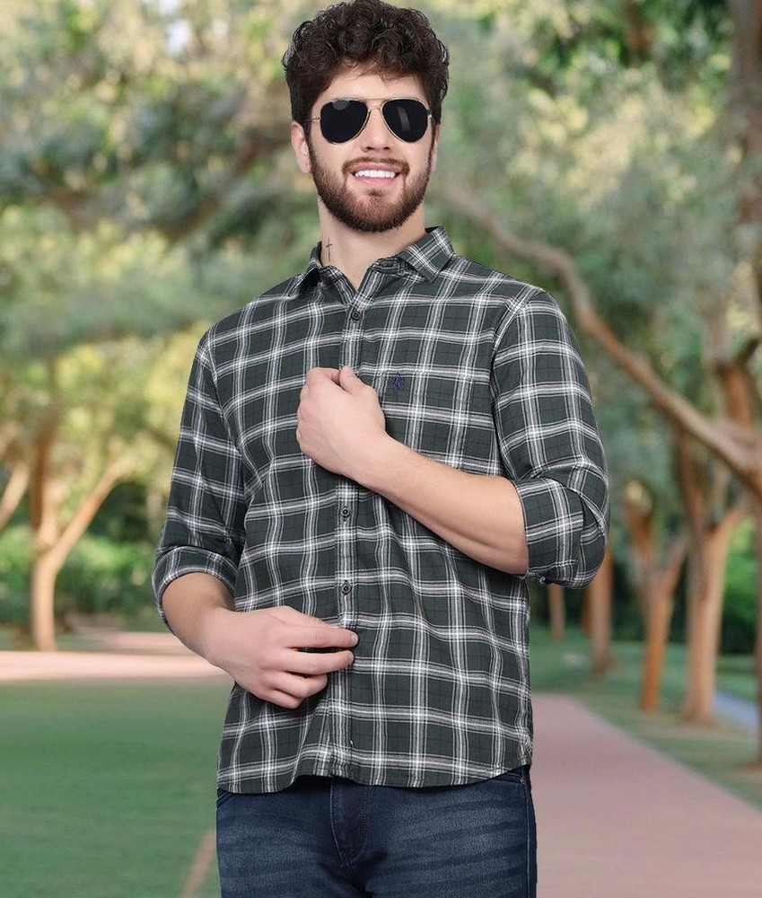 CANTABIL Men Checkered Casual Dark Green White Dark Blue Shirt