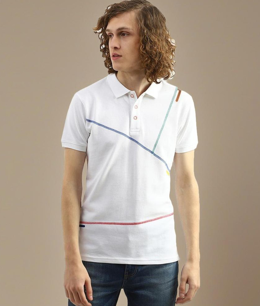 United Colors of Benetton Striped Men Polo Neck White T Shirt