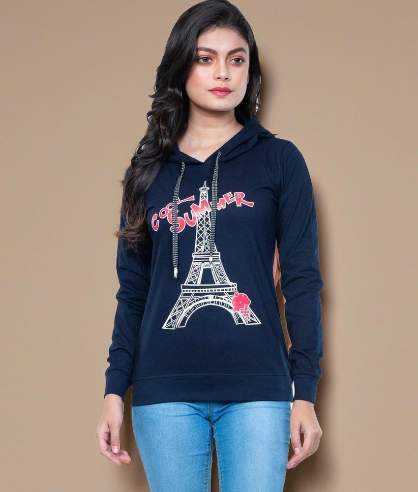 StyleAone Printed Women Hooded Neck Dark Blue T Shirt Buy