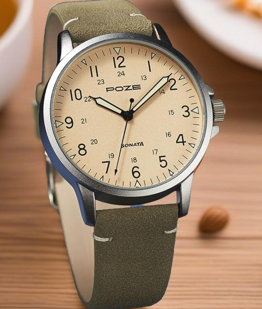 SONATA Poze Men Analog Beige Dial Green brown Strap Analog Watch