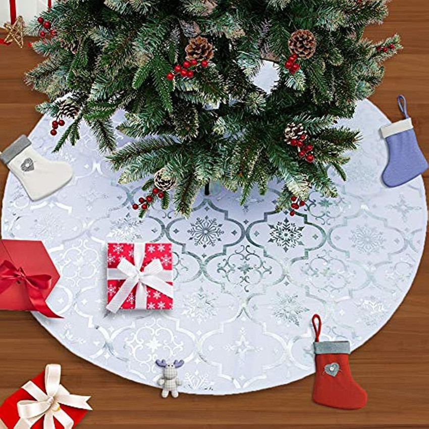 Eternal Beauty 48 Inches Xmas Tree Skirts Snowflakes Silver White