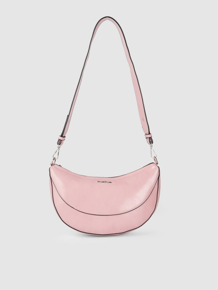 Pink Solid Leather Hobo Bag Half Moon Over The Shoulder Bags