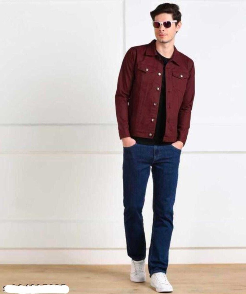 Maroon denim hot sale jacket men