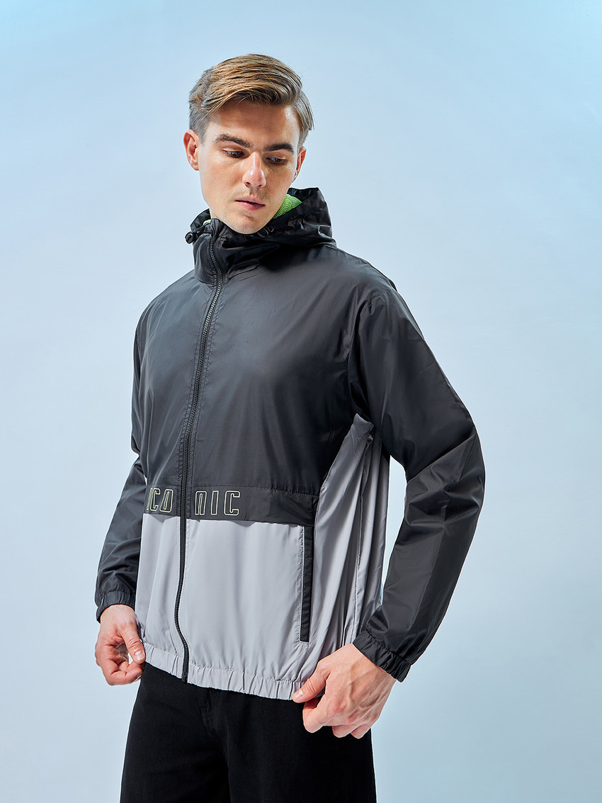 Buy Men's Grey & Black Color Block Windcheater Jacket Online at Bewakoof