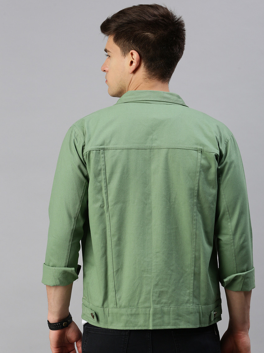 VOXATI Denim Jacket with Button Closure For Men (Green, S)