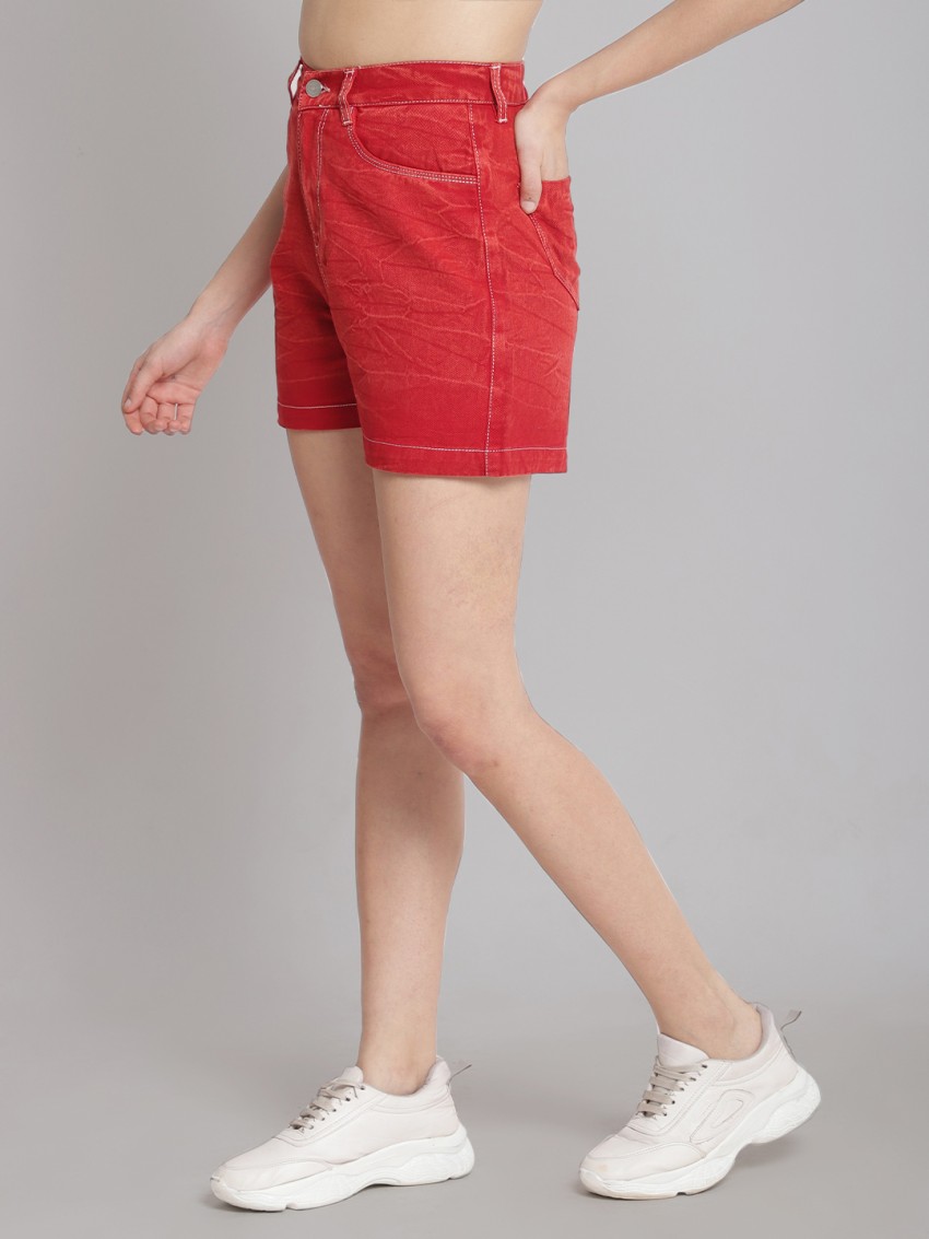 red jean shorts