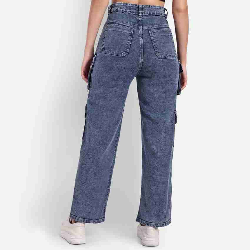 High Waisted Flap Pocket Side Baggy Jeans  Denim fabric, Straight jeans,  Wide leg jeans