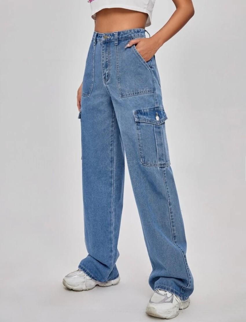 Navy Blue Straight High Rise Boyfriend Cargo Jeans- 1210, Pantalon Navy  Blue