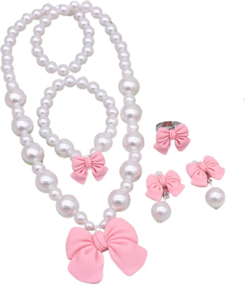 Pink Colour Pearl Work Necklace With Beautiful Earrings