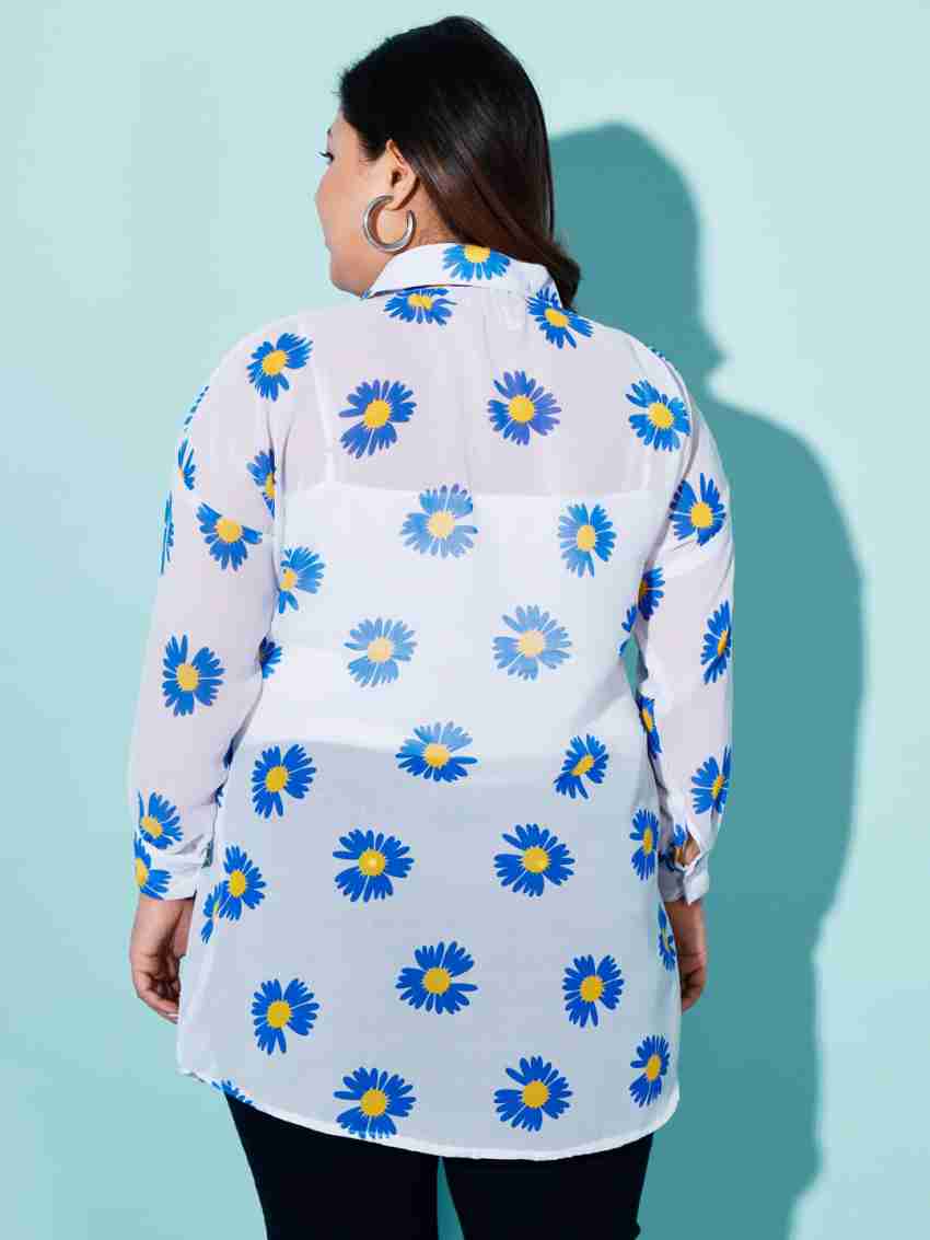 BuyNewTrend Blue White Georgette Floral Print Women Long Shirt | shirt |  shirts | shirt for women | shirt | shirts | shirt for women