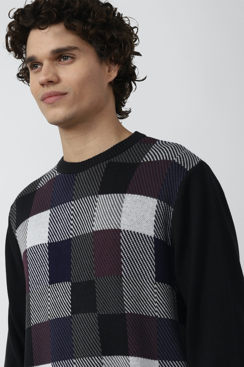 FOREVER 21 Checkered Round Neck Casual Men Black Sweater Buy