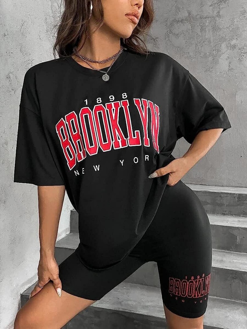 Earthstick Women's Oversized Brooklyn Graphic Printed Cotton Blend Half  Sleeve T-Shirts.