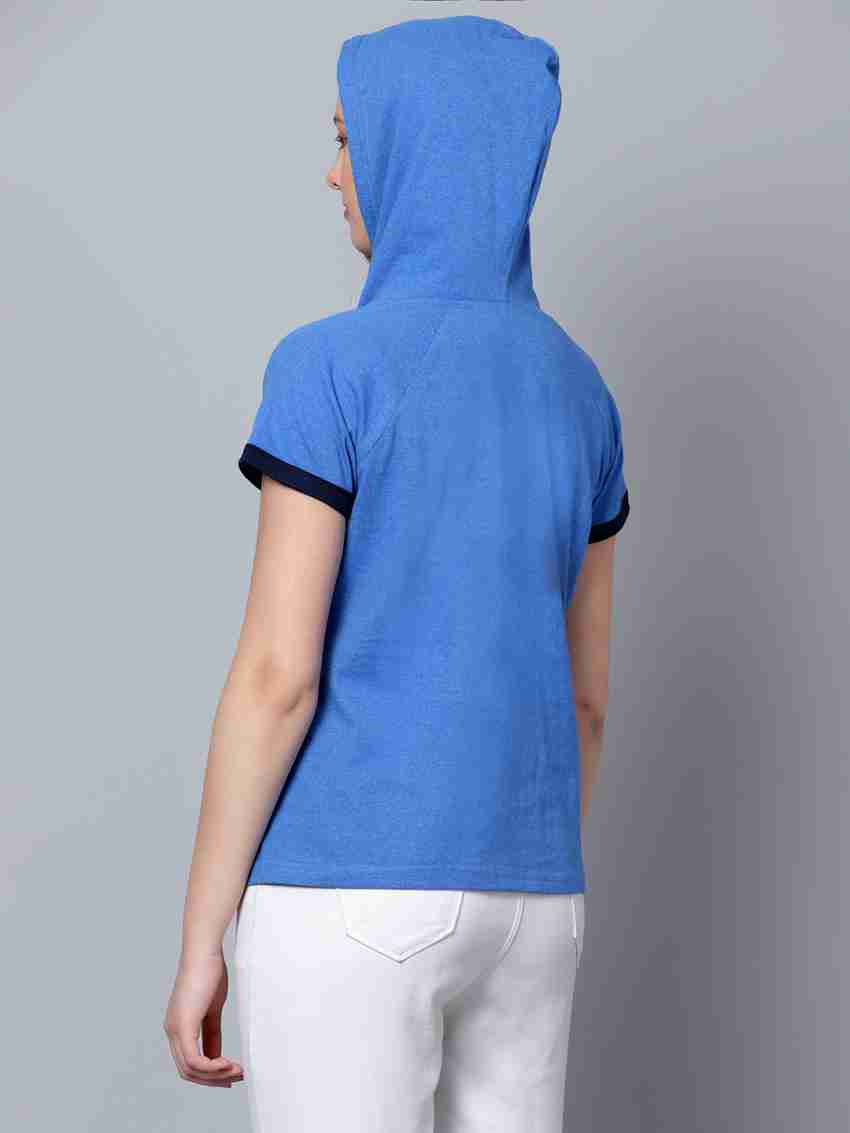 DIAZ Solid Women Hooded Neck Blue T-Shirt - Buy DIAZ Solid Women