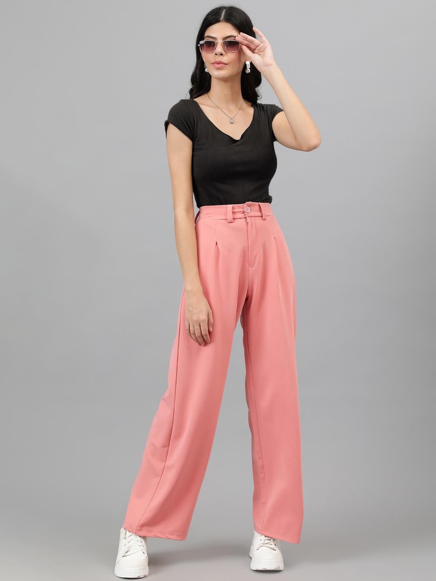 Buy KOTTY Women's High Rise Cotton Blend Relaxed Fit Trousers Baby
