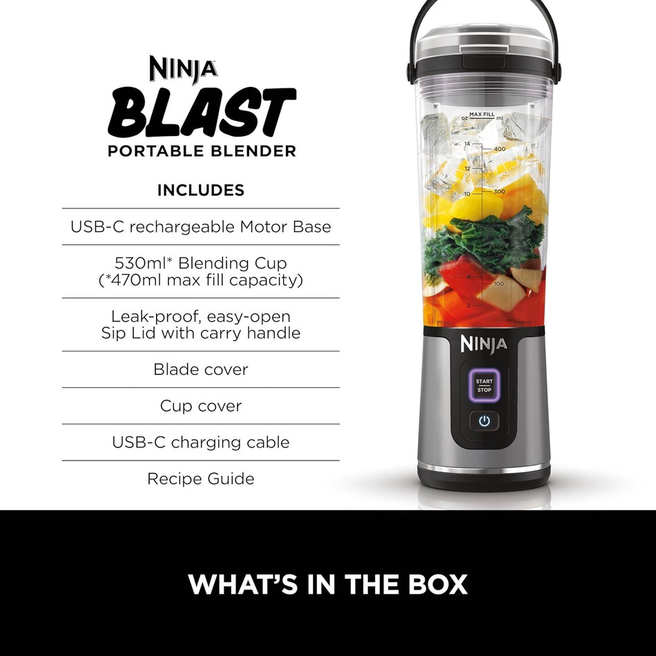 Ninja Blast 150 W Juicer Mixer Grinder (Blast Portable Cordless Blender 530ml | USB-C Rechargeable | Crushes Ice & Fruit | 1 Jar | Black)