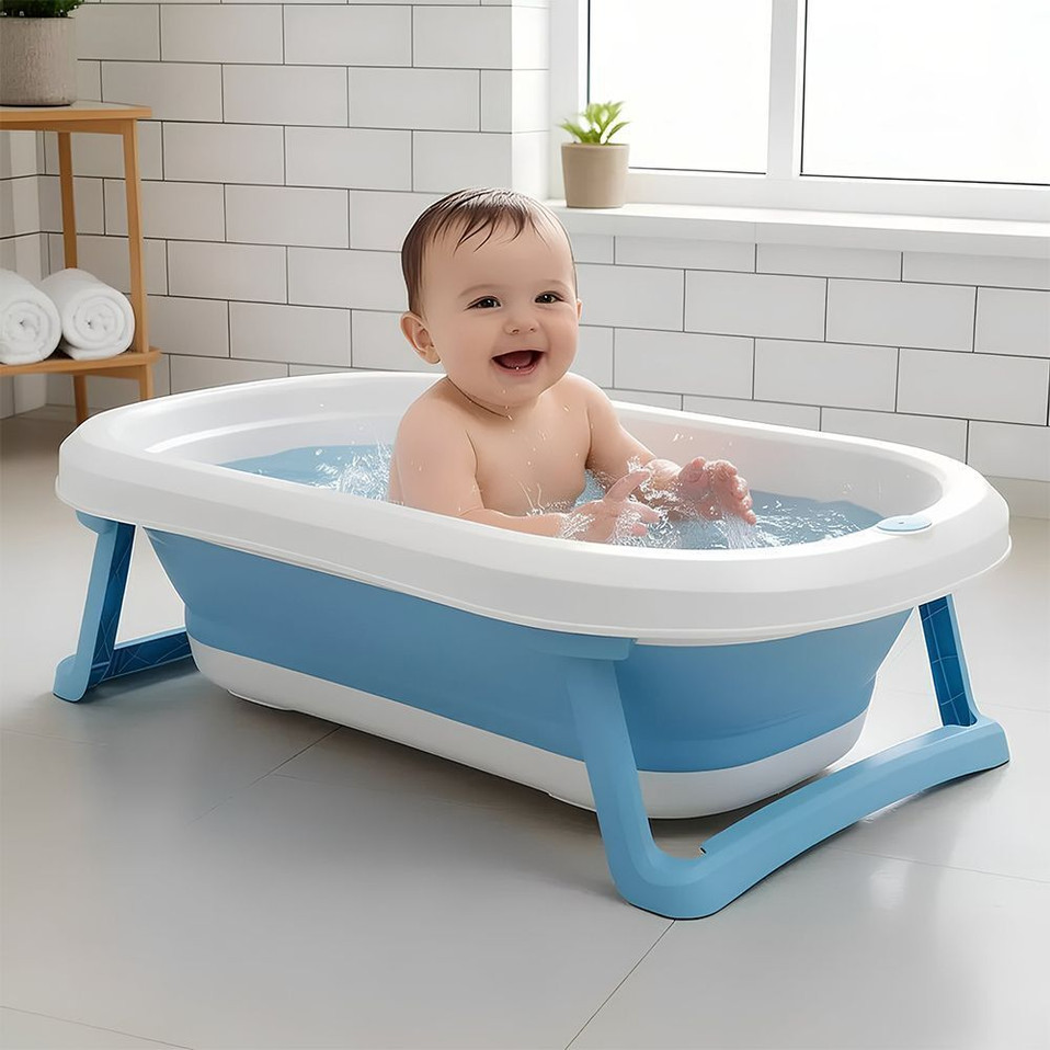 StarAndDaisy Baby Bath Tub for 0�5 Years, Foldable with Legs, Easy Storage (Blue & White)