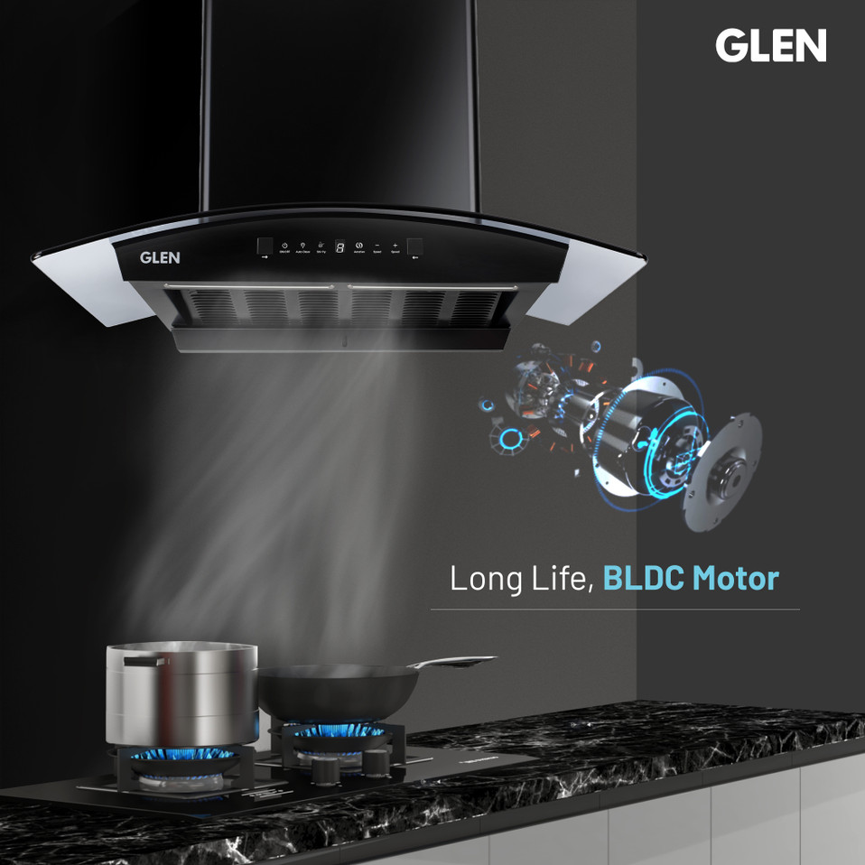 Glen ISPA BLDC AC BL 60cm Auto Clean Curved Glass 60 cm|BLDC Motor|Touch & Gesture Control| Autoclean| Filterless|Powerful Suction | Low Noise Wall Mounted Black 1400 CMH Chimney