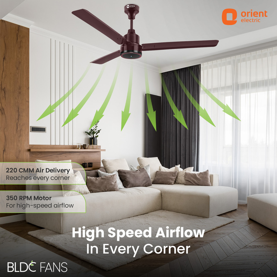 Orient Electric Ujala Prime BLDC | Superior Air Delivery| BEE-5 Star Rated | LED Indiacator with 3 Year Warranty BLDC Motor with Remote 1200 mm Ceiling Fan (5 Star | Brown | Pack of 1)