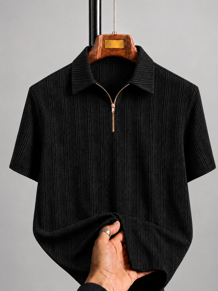 COMBRAIDED Men Self Design Polo Neck Polycotton Black T-Shirt