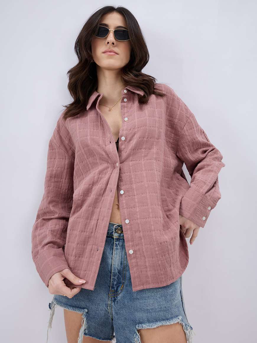 Mystere Paris Women Self Design Casual Pink Shirt - Buy Mystere Paris ...