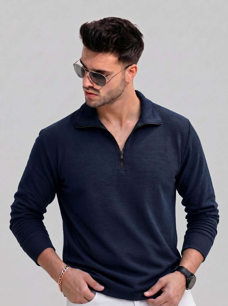 Kushi flyer Solid Men Zip Neck Blue T-Shirt - Buy Kushi flyer Solid Men ...