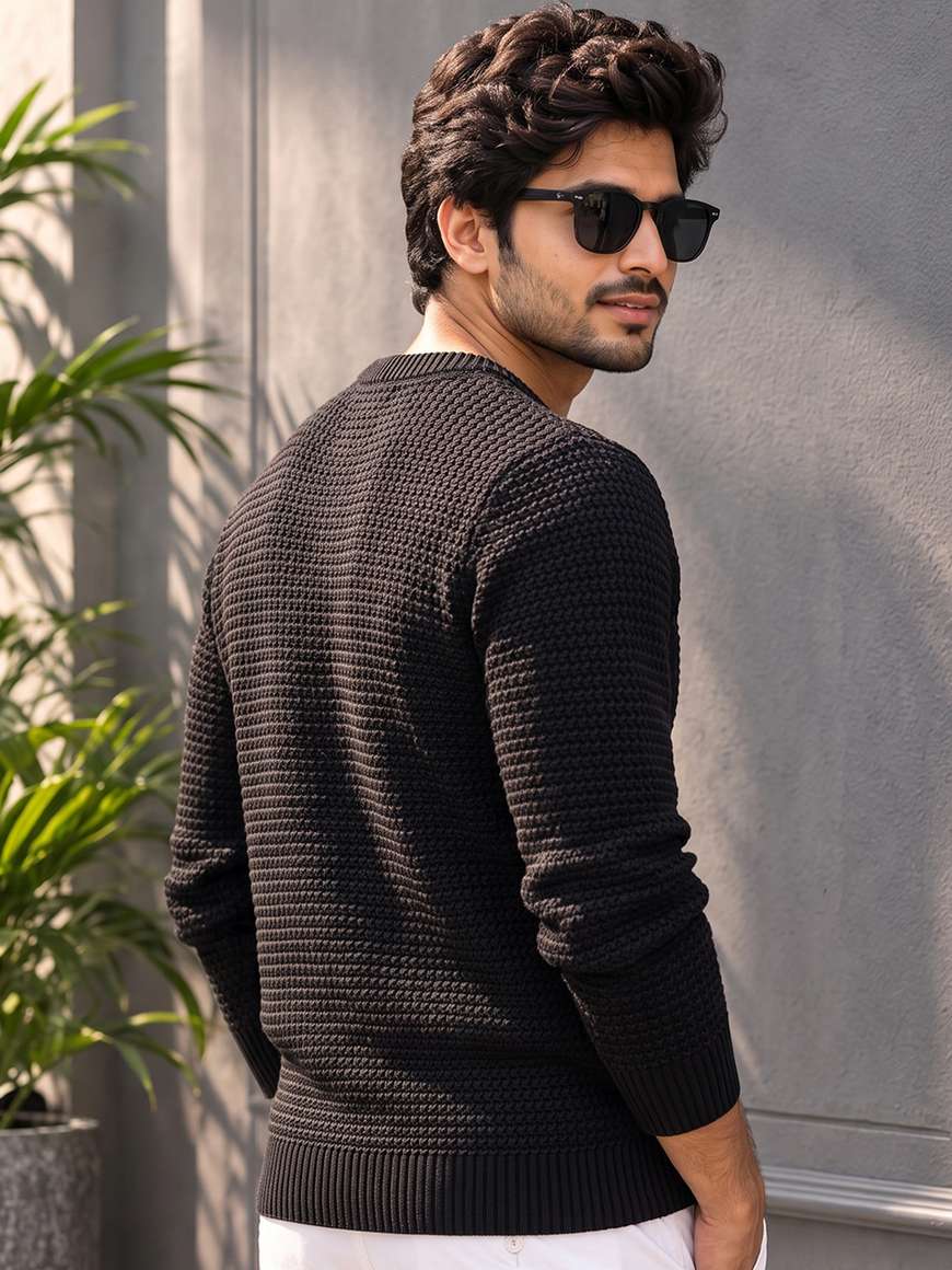 Male Rond Neck Design AIN6 Self Design Round Neck Casual Men Black Sweater - Buy AIN6 Self ...