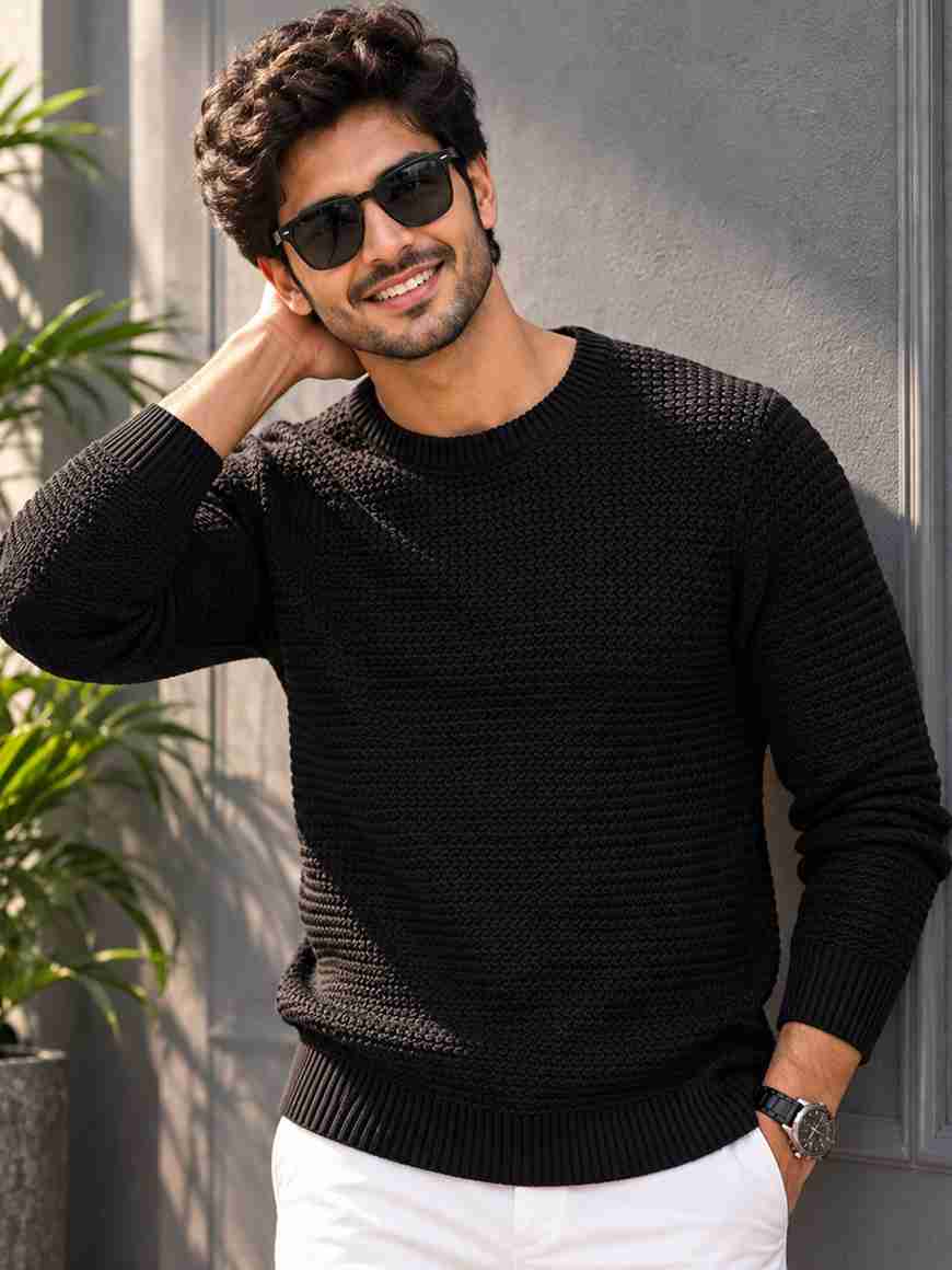 Male Rond Neck Design AIN6 Self Design Round Neck Casual Men Black Sweater - Buy AIN6 Self ...