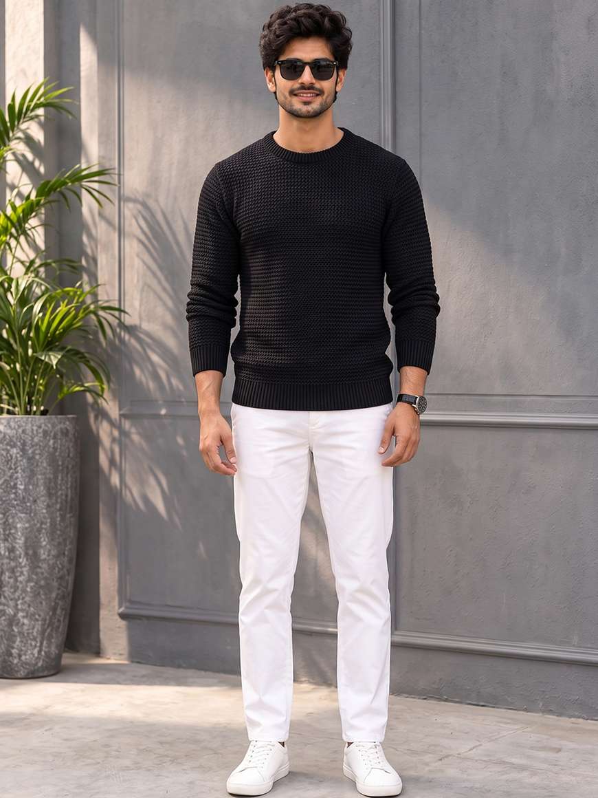 Male Rond Neck Design AIN6 Self Design Round Neck Casual Men Black Sweater - Buy AIN6 Self ...