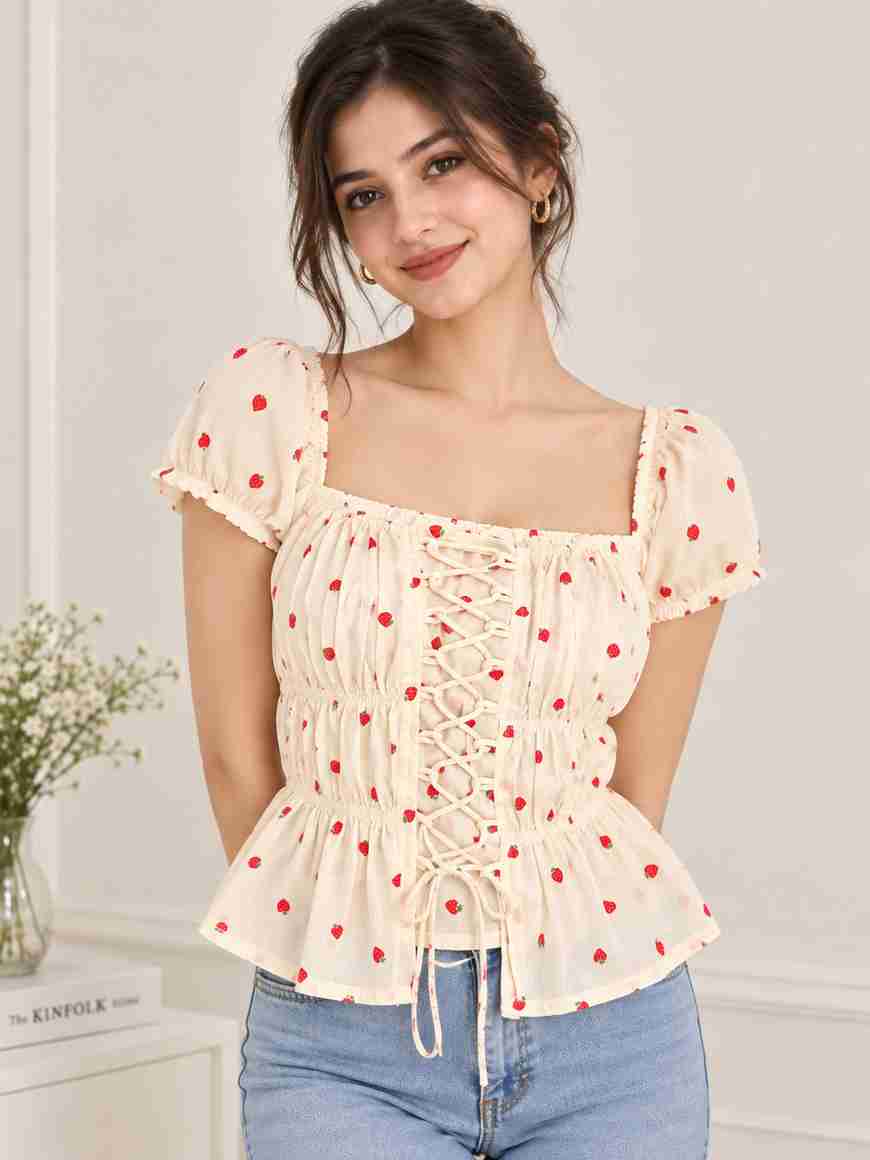 namane Casual Printed, Lace Women Beige, Red Top - Buy namane Casual ...