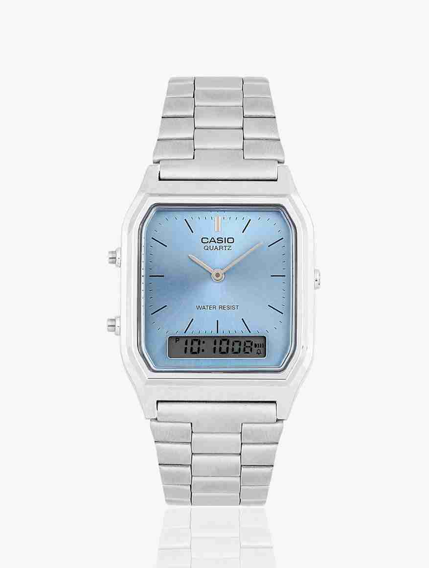 Watch Out Sign Icon CASIO AQ-230A-2A1MQYDF Vintage Blue Dial Silver Stainless Steel Band ...